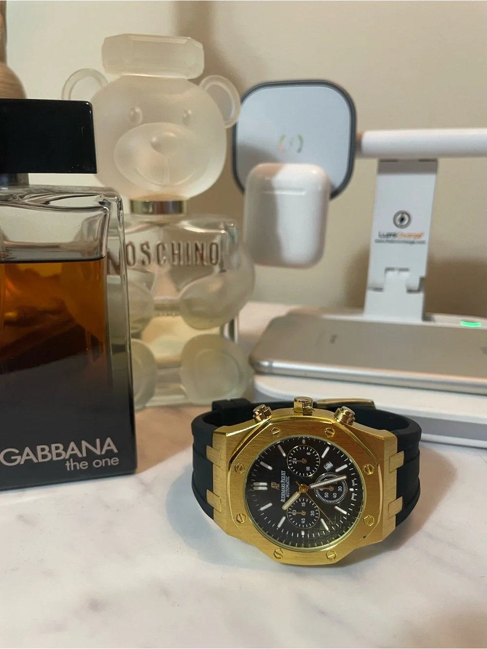 Gold-Tone Chronograph Men's Watch with Black Strap royal design